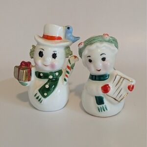 Vintage Christmas Napco Snowman Couple Snowperson Miniature Figures Blue Bird